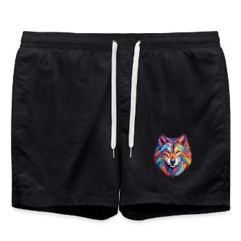 Bunter Wolf – farbiges Tiermotiv - Badeshorts - Schwarz - Vorne - AI Model Male 185 light (185cm)