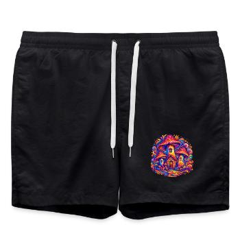 Psychedelisches Pilzhaus – Magische Fantasy Welt - Badeshorts - Schwarz - Vorne - AI Model Male 185 light (185cm)