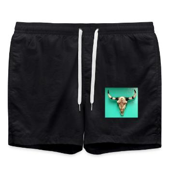 Bull skull with ornaments on a green wall - Swim Trunks - black - Front - AI Model Male 185 light (185cm)
