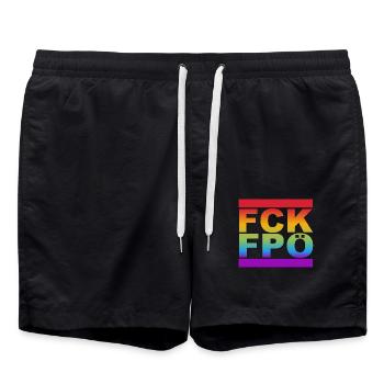 FCK FPÖ - LGBTQ Rainbow Colors - Swim Trunks - black - Front - AI Model Male 185 light (185cm)