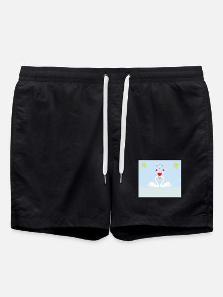 Two white love swans in the water and red hearts - Swim Trunks - black
