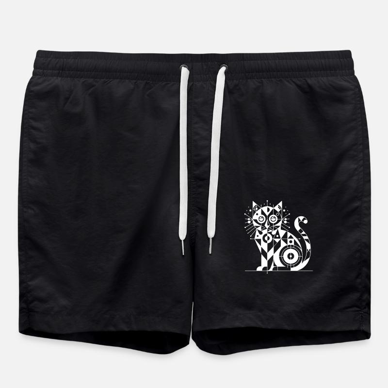 Geometric Cat Lines Design - Swim Trunks - black