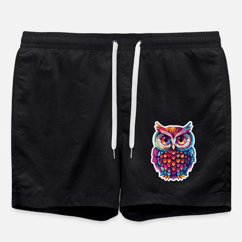 Cute Owl Kawaii Mascot - Swim Trunks - black