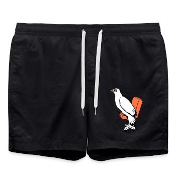 Vogel sitzt Stuhl Schreibtisch Drehstuhl arbeiten - Badeshorts - Schwarz - Vorne - AI Model Male 185 light (185cm)
