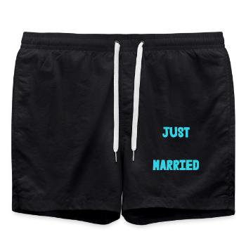 JUST MARRIED. Bachelorette party. VALENTINE'S DAY. COUPLE. HEART - Swim Trunks - black - Front - AI Model Male 185 light (185cm)
