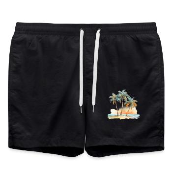 BEACH WITH THREE PALM TREES - Swim Trunks - black - Front - AI Model Male 185 light (185cm)
