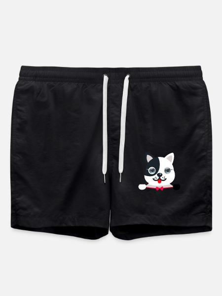 Сheerful, festive cat with a red festive butterfly - Swim Trunks - black