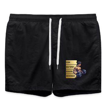 Essen - Kraftsport - Schlafen - Wiederholen - Badeshorts - Schwarz - Vorne - AI Model Male 185 light (185cm)