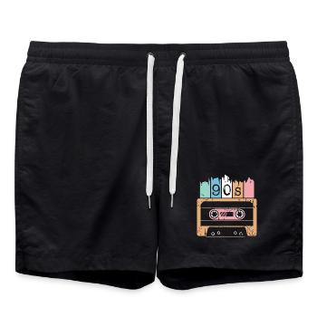 Kassette Musik 90s 1990er used look Klassiker Logo - Badeshorts - Schwarz - Vorne - AI Model Male 185 light (185cm)