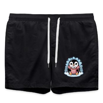 Penguin Winter Warm Wishes With Cup of Cocoa - Swim Trunks - black - Front - AI Model Male 185 light (185cm)