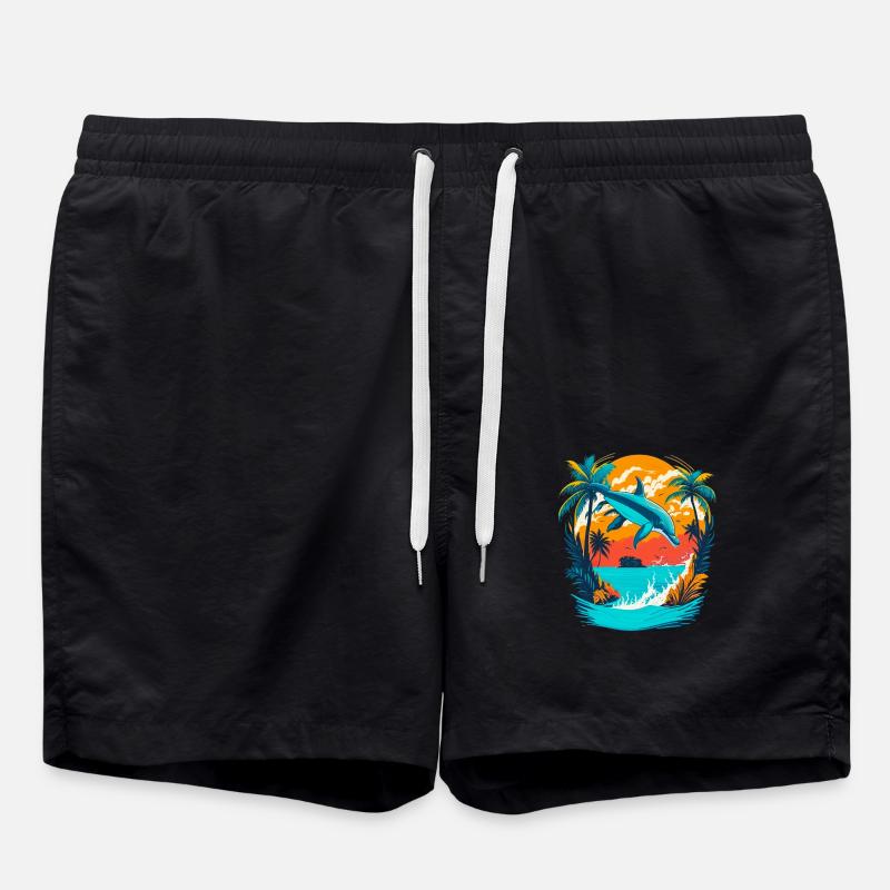 Dolphin with Tropical Sunset - Swim Trunks - black