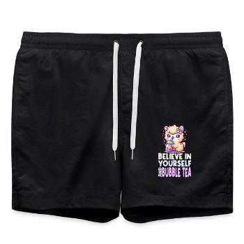 Kawaii Llama Bubble Tea Boba Asian Inspired Design - Swim Trunks - black - Front - AI Model Male 185 light (185cm)