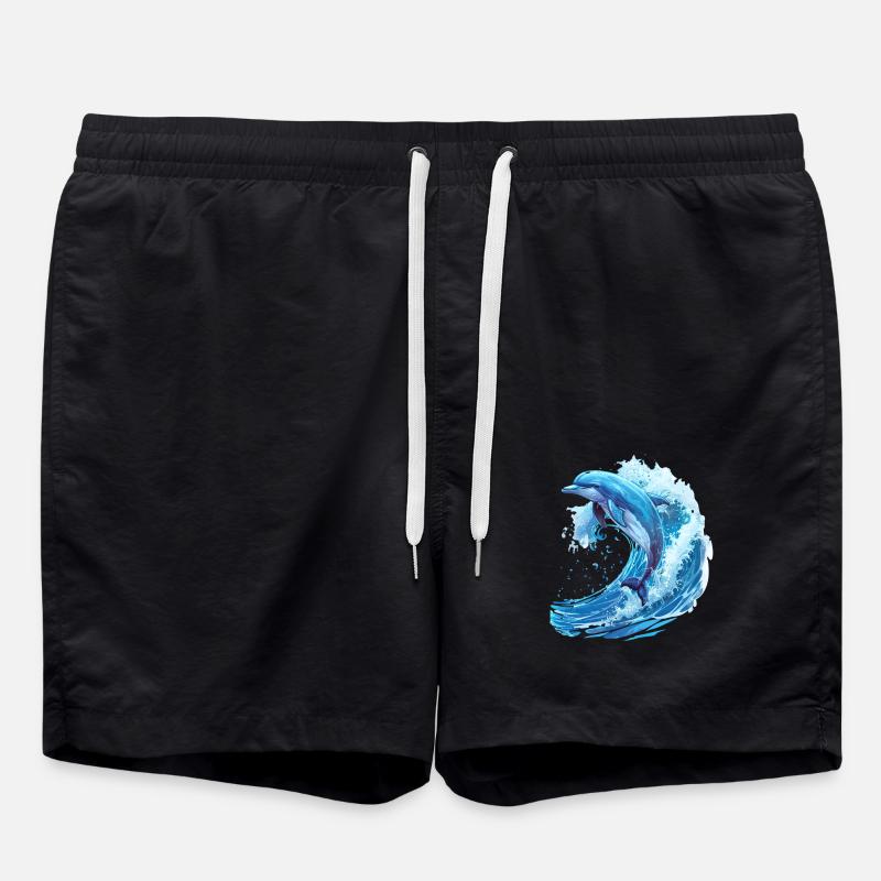 Jumping Dolphin in Blue Wave - Swim Trunks - black