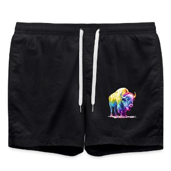 Colorful Buffalo Pop Art - Power and Nature - Swim Trunks - black - Front - AI Model Male 185 light (185cm)