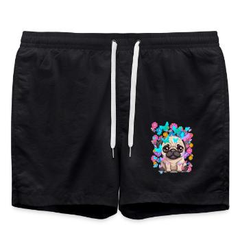 Hund Hunde Mops Frühling Blumen Schmetterlinge - Badeshorts - Schwarz - Vorne - AI Model Male 185 light (185cm)