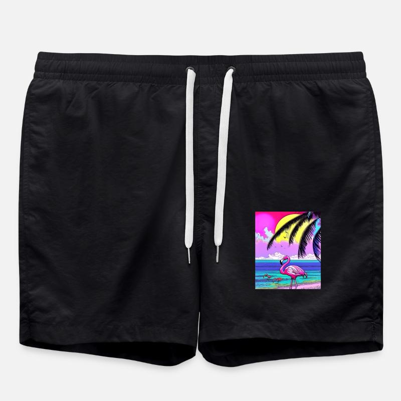 Flamant rose et palmiers - Short de bain - noir