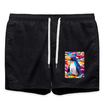 Rainbow Waddle - Origami Penguin - Swim Trunks - black - Front - AI Model Male 185 light (185cm)