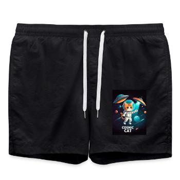 Cosmic Cat – Weltraum Astronaut Katze - Badeshorts - Schwarz - Vorne - AI Model Male 185 light (185cm)