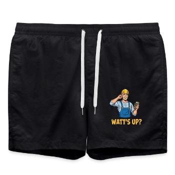Electrician joke: Watt's Up? Funny saying - Swim Trunks - black - Front - AI Model Male 185 light (185cm)