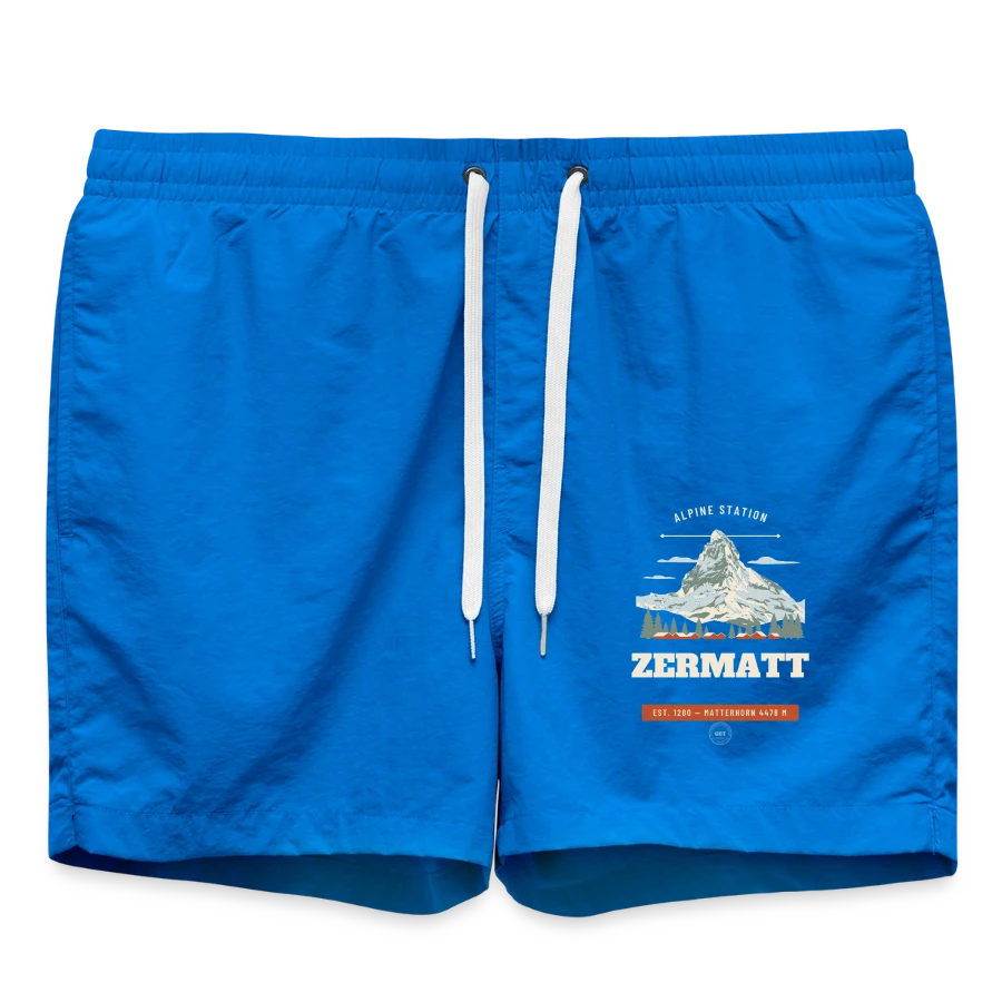 Zermatt badge on a swim trunks, cobalt blue