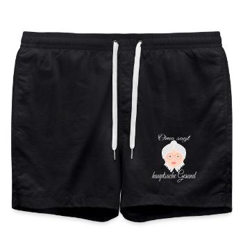 Humorous health motto with grandma's face - Swim Trunks - black - Front - AI Model Male 185 light (185cm)