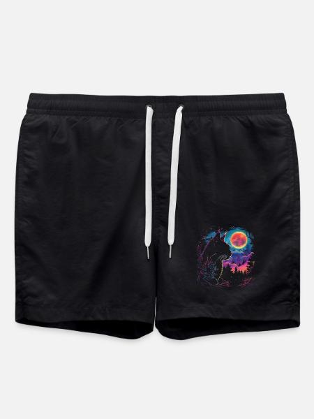 Cat sleep in neon night - Swim Trunks - black