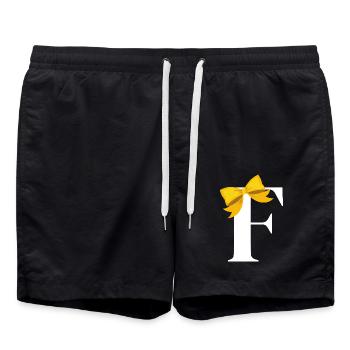 Letter f yellow bow - Swim Trunks - black - Front - AI Model Male 185 light (185cm)