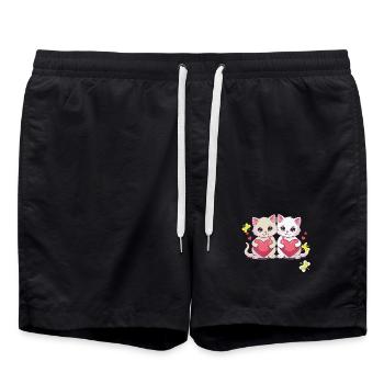 80er 90er Retro Katze Katzen Valentin Valentinstag - Badeshorts - Schwarz - Vorne - AI Model Male 185 light (185cm)
