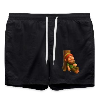 Bekiffter Zwerg an Baumstamm lehnend - Badeshorts - Schwarz - Vorne - AI Model Male 185 light (185cm)