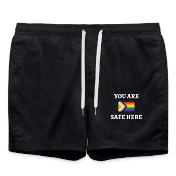 Du bist sicher hier LGBT Safe Space Gay Pride Verbündeter - Badeshorts - Schwarz - Vorne - AI Model Male 185 light (185cm)