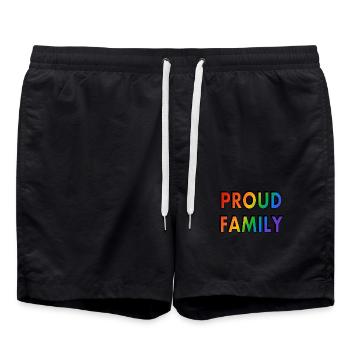 Stolze Familie - Regenbogen-Text - Badeshorts - Schwarz - Vorne - AI Model Male 185 light (185cm)