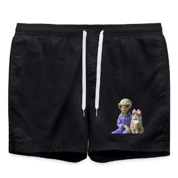 Alien und Katze – Galaktische Liebe - Badeshorts - Schwarz - Vorne - AI Model Male 185 light (185cm)