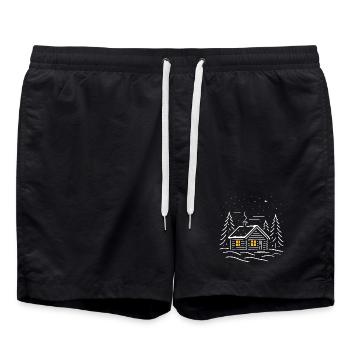 Illuminated snowy cabin with a tree - Swim Trunks - black - Front - AI Model Male 185 light (185cm)