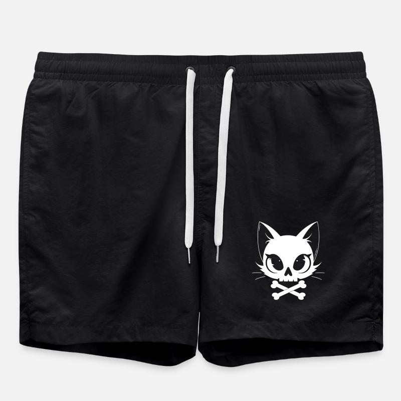 Skull Cat | Kawaii Skull & Bones Motif - Swim Trunks - black