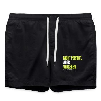 Nicht perfekt. Vergeben. – Christlicher Spruch - Badeshorts - Schwarz - Vorne - AI Model Male 185 light (185cm)