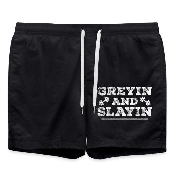 Greyin And Slayin - Funny Workout Gym - Swim Trunks - black - Front - AI Model Male 185 light (185cm)