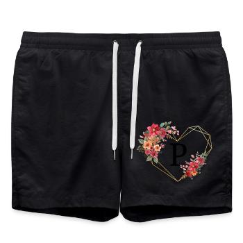 Buchstabe p florales goldenes Herz - Badeshorts - Schwarz - Vorne - AI Model Male 185 light (185cm)
