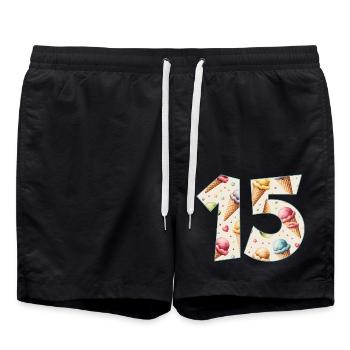EISCREME NUMMER 15 JAHRE EIS 15. GEBURTSTAG - Badeshorts - Schwarz - Vorne - AI Model Male 185 light (185cm)