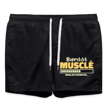 Bald muskulös - bitte warten - Badeshorts - Schwarz - Vorne - AI Model Male 185 light (185cm)
