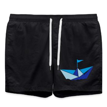 small paper boat in the water with flag - Swim Trunks - black - Front - AI Model Male 185 light (185cm)