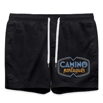 Camino Portugués Pilgrim's Stamp | Santiago - Swim Trunks - black - Front - AI Model Male 185 light (185cm)