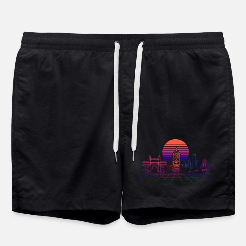 Neon Synthwave City Skyline - Mumbai - Swim Trunks - black