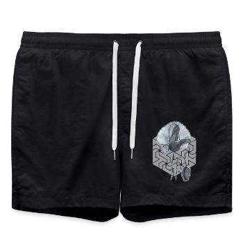 black and white poppy with hexagon in the background - Swim Trunks - black - Front - AI Model Male 185 light (185cm)