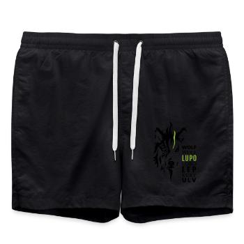 GOWILD Wolfmotiv - mit 7 Sprachen - Badeshorts - Schwarz - Vorne - AI Model Male 185 light (185cm)