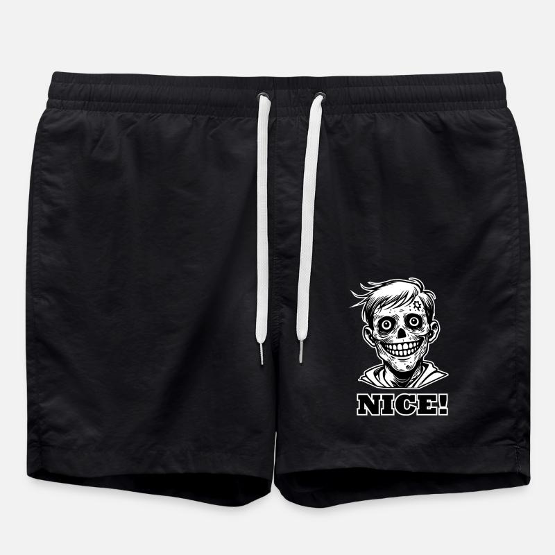 Smiling Zombie Illustration - "NICE" Design - Swim Trunks - black