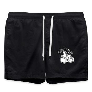 Hund auf der Couch - "Endlich Wochenende!" Entwurf - Badeshorts - Schwarz - Vorne - AI Model Male 185 light (185cm)