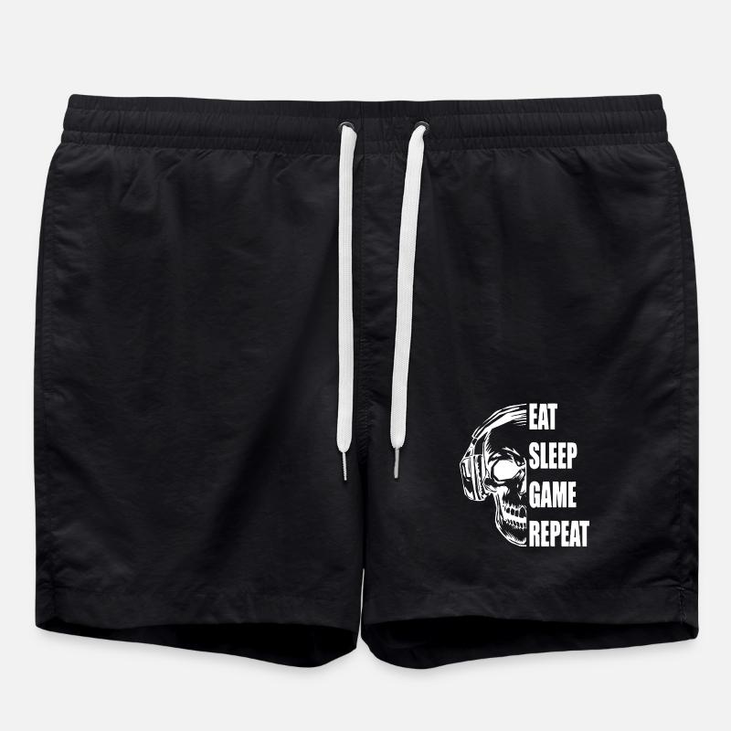 Skull with Headphones Gaming Quote - Swim Trunks - black