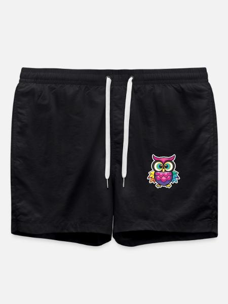 Cute Owl Kawaii Mascot - Swim Trunks - black