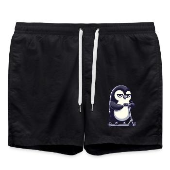 Funny Penguin with Scooter Skating Comic - Swim Trunks - black - Front - AI Model Male 185 light (185cm)
