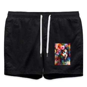 Africa Frau, Bunt, Flower, Blumen, Sommer, Urlaub - Badeshorts - Schwarz - Vorne - AI Model Male 185 light (185cm)